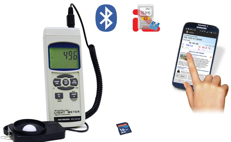 картинка АКТАКОМ АТЕ-1537BT. Люксметр -регистратор АТЕ-1537 с Bluetooth интерфейсом являющийся официальным дистрибьютором в России 