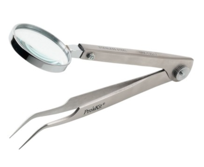 картинка ProsKit 1PK-TZ017. Пинцет изогнутый с лупой являющийся официальным дистрибьютором в России 