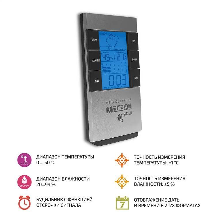 картинка МЕГЕОН 20200. Термогигрометр настольный цифровой являющийся официальным дистрибьютором в России 